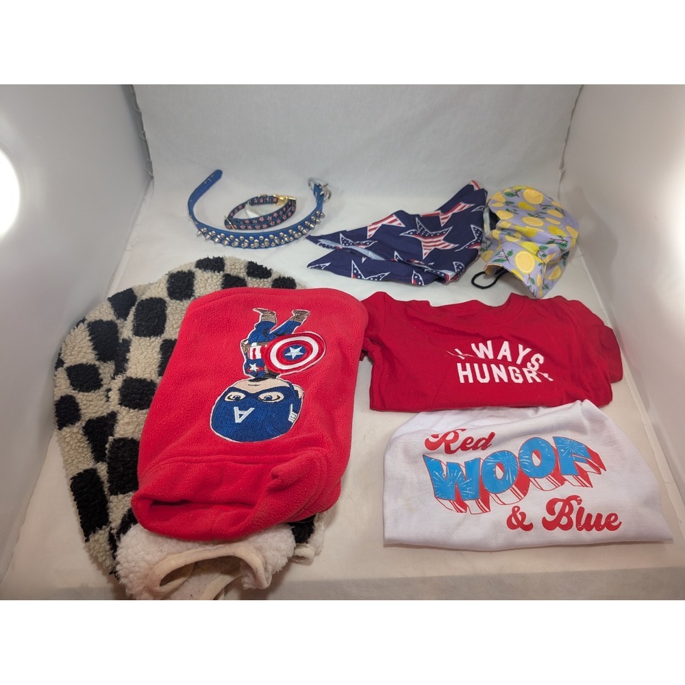 Small Dog Frenchie 7 pc Bundle clothes collars Captain America Fleece